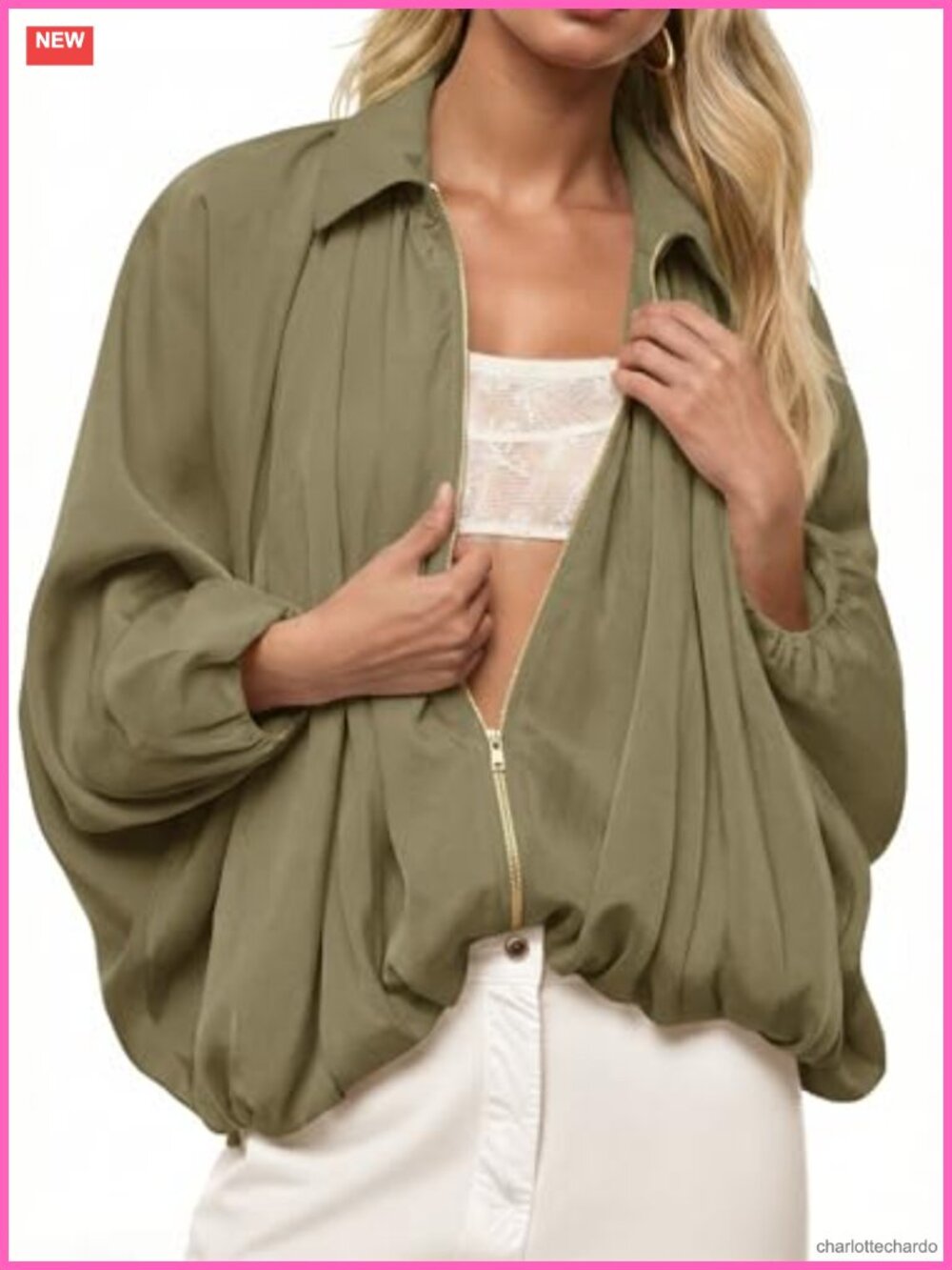 Womens Oversized Bomber Jacket Batwing Sleeve Zip Up Lightweight Casual